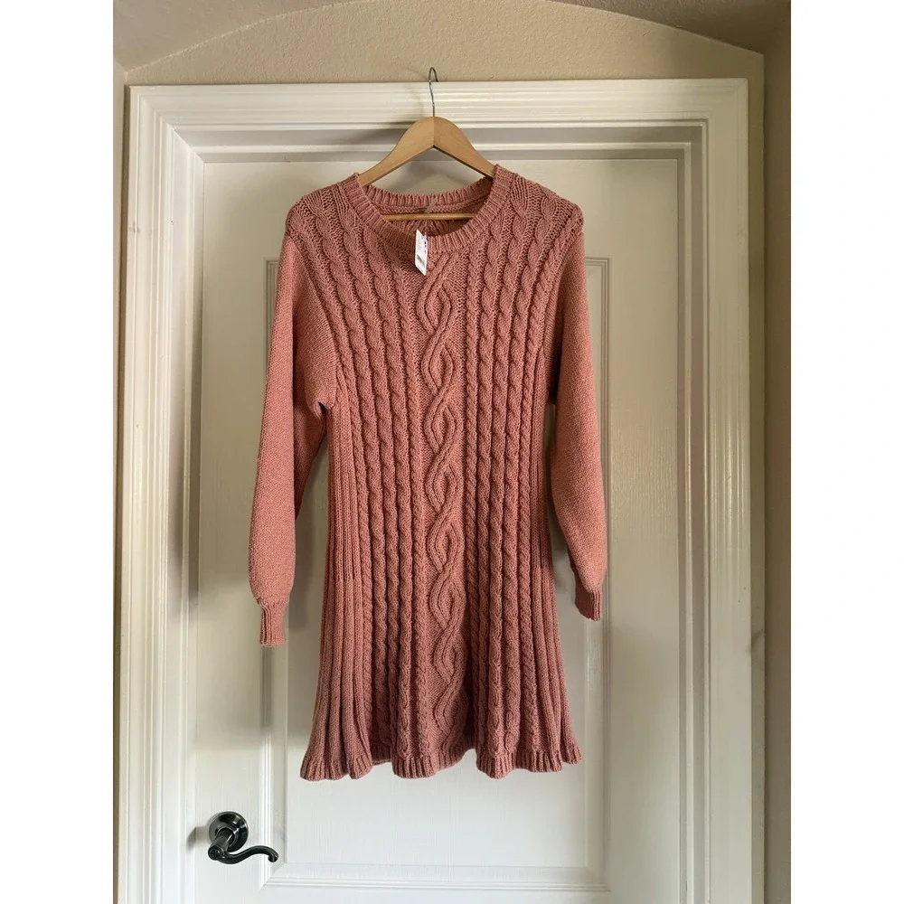 Free People Orla Cable Knit Mini Sweater Dress Pink Size L Large NWT $148